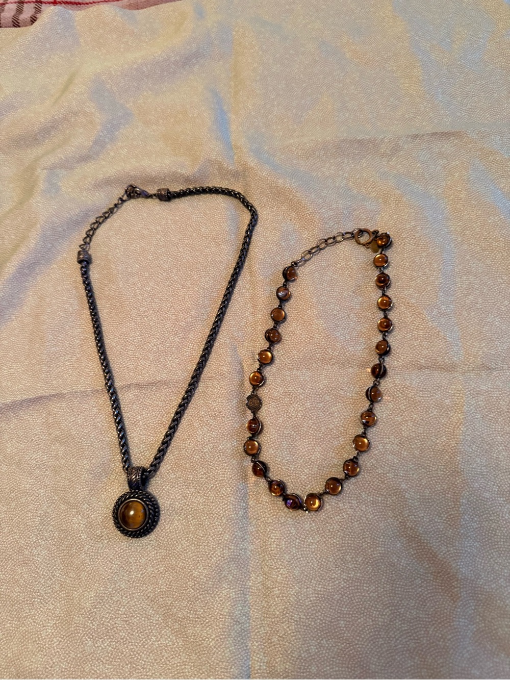 Tiger's Eye Pendant Necklace and Beaded Choker Set - Brown